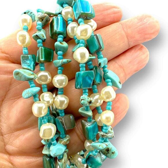 Triple Strands Beaded Necklace Faux Turquoise and Pearl Shell Silver Plated - Picture 5 of 6